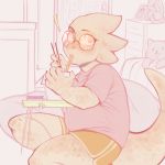  ! 1:1 alphys anthro bedroom belly black_nails blush bottomwear breasts chopsticks chubby_female clothing colored_nails detailed_background eating eyewear female food glasses hi_res holding_chopsticks holding_object inside looking_at_viewer nails non-mammal_breasts noodles peachmayflower phone ramen reptile scales scalie shirt shorts sitting slightly_chubby solo surprise thick_tail topwear undertale video_games wide_eyed yellow_body yellow_scales 