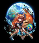  1girl absurdres animal_ears black_background blue_eyes danganronpa dgrp_(minhduc12333) earth eyebrows_visible_through_hair fire firefox firefox_(merryweather) fox_ears fox_tail full_body gradient_hair highres internet_explorer_(webcomic) komatsuzaki_rui_(style) looking_at_viewer multicolored_hair open_mouth orange_hair parody parted_lips personification sailor_collar short_hair simple_background socks solo style_parody tail teeth 