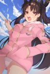  1girl angry black_hair blue_sky earrings fate/grand_order fate_(series) food fur-trimmed_hood fur_trim hood hoop_earrings ishtar_(fate)_(all) ishtar_(fate/grand_order) ishtar_(swimsuit_rider)_(fate) jacket jewelry looking_at_viewer naruyamadesu open_mouth pink_hoodie pink_jacket popsicle red_eyes sky swimsuit twintails white_swimsuit 