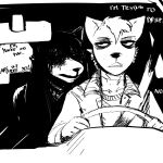  1:1 anthro black_and_white black_eyes blood bodily_fluids canid canine canis car clothing dialogue domestic_dog driving female ghost_pupper half-closed_eyes hi_res hladilnik humor male mammal monochrome narrowed_eyes vehicle white_pupils wolf 