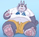  2020 anthro belly blue_background bottomwear clothing kemono male navel overweight overweight_male shirt shorts simple_background sitting solo tokyo_afterschool_summoners topwear tsathoggua usikuma6 video_games 