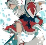  1girl al_bhed_eyes animal_ears between_legs detached_sleeves frills from_below hat highres inubashiri_momiji joniko1110 leaf leaf_print looking_at_viewer maple_leaf maple_leaf_print perspective red_eyes shaded_face shield solo sword tail tail_between_legs tokin_hat touhou weapon white_hair white_legwear wide_sleeves wolf_ears wolf_tail 