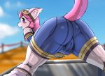 anthro blue_clothing butt camel_toe canid chocolat_gelato clothed clothing diacordst female fur hair hi_res mammal pink_body pink_fur pink_hair pink_tail solatorobo solo video_games 