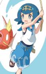  1girl :d bangs blue_eyes blue_hair blue_pants blue_sailor_collar blush commentary_request feet fishing_rod flip-flops gen_1_pokemon gold_hairband hairband highres holding holding_fishing_rod magikarp no_sclera one-piece_swimsuit ookamiinari open_mouth pants pokemon pokemon_(creature) pokemon_(game) pokemon_sm sailor_collar sandals shirt short_hair sleeveless smile suiren_(pokemon) swimsuit swimsuit_under_clothes toes trial_captain two-handed 