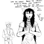  1:1 anthro black_hair canid canine canis clothing comic dialogue domestic_dog dress duo english_text eyes_closed female ghost_pupper hair hi_res hladilnik male mammal monochrome simple_background sketch text white_background wolf 