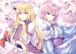  2girls arm_garter arm_rest arm_under_breasts arm_up armband blonde_hair blue_kimono blurry blurry_background breasts cherry_blossoms commentary depth_of_field dress eyebrows_visible_through_hair gap_(touhou) hair_between_eyes head_tilt japanese_clothes juliet_sleeves kimono large_breasts light_smile long_hair long_sleeves looking_at_viewer mirufui multiple_girls no_headwear obi parted_lips pink_eyes pink_hair puffy_sleeves purple_eyes red_pupils saigyouji_yuyuko sash shiny shiny_clothes shiny_hair short_hair sitting tabard touhou upper_body very_long_hair white_dress yakumo_yukari 