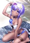  1girl bangs bare_shoulders bikini blush breasts choker cleavage collarbone dark_skin fate/grand_order fate/prototype fate/prototype:_fragments_of_blue_and_silver fate_(series) flower goggles goggles_on_head hassan_of_serenity_(fate) looking_at_viewer medium_breasts purple_eyes purple_hair short_hair smile swimsuit thigh_strap thighs white_bikini zen 