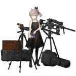  1girl alternate_costume astg bag bangs bare_shoulders belt black_belt black_dress black_footwear black_legwear bolt_action bracelet camera cheytac_m200 closed_mouth collarbone dress full_body girls_frontline guitar_case gun gun_case hair_ornament handbag high_heels holding instrument_case jewelry m200_(girls_frontline) night_vision_device official_art ponytail purple_eyes rifle scope shoes sleeveless sleeveless_dress sniper_rifle solo standing suitcase transparent_background tripod weapon wristwear 