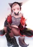  1girl 2020 abstract_background animal_ears arknights armpit_crease artist_logo black_footwear black_jacket boots breasts cleavage detached_collar fingernails floating frostleaf_(arknights) grey_shirt headphones highres jacket knee_pads leather leather_boots midriff_peek nail_polish neco_meito pantyhose red_eyes red_sleeves shirt sidelocks signature sitting solo tail thighs two-tone_jacket white_background white_hair 