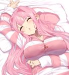  1girl :o arm_up bangs bed_sheet blush breasts closed_eyes collarbone eyebrows_visible_through_hair hair_intakes head_tilt highres kotonoha_akane large_breasts long_hair long_sleeves lying on_back on_bed open_mouth pajamas pillow pink_hair sleeping solo very_long_hair voiceroid yappen 