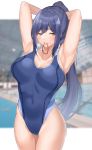  1girl absurdres arms_behind_head blue_hair blue_swimsuit breasts collarbone commentary_request competition_swimsuit covered_navel cowboy_shot highres large_breasts mole mole_under_eye mouth_hold nijisanji one-piece_swimsuit ponytail rubber_band shizuka_rin short_hair skysign_ft solo standing swimsuit virtual_youtuber yellow_eyes 