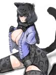  1girl animal_ears animal_print areolae bangs black_hair black_jaguar_(kemono_friends) black_legwear black_skirt blush bow bowtie breasts cat_girl center_frills elbow_gloves eyebrows_visible_through_hair frills fur_scarf gloves high-waist_skirt highres jaguar_ears jaguar_girl jaguar_print jaguar_tail kemono_friends large_breasts light_smile looking_at_viewer medium_hair microskirt no_bra open_clothes open_shirt parted_lips print_gloves print_legwear print_scarf print_skirt purple_eyes purple_shirt scarf shibori_kasu shiny shiny_skin shirt short_sleeves sitting sketch skindentation skirt solo sweat tail thighhighs undressing zettai_ryouiki 