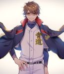  1boy ace_of_diamond ashitaba_(fuki) baseball_uniform belt brown_eyes brown_hair cowboy_shot goggles hand_on_hip jacket jacket_on_shoulders long_sleeves looking_at_viewer male_focus miyuki_kazuya painttool_sai_(medium) simple_background smile solo sportswear standing white_background 