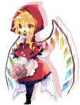 1girl apron back_bow basket black_bow black_footwear black_legwear blonde_hair boots bow capelet commentary_request cosplay crystal drop_shadow fangs flandre_scarlet frilled_skirt frills full_body highres holding holding_basket little_red_riding_hood little_red_riding_hood_(grimm) little_red_riding_hood_(grimm)_(cosplay) long_hair long_sleeves nikorashi-ka open_mouth red_eyes red_hood red_skirt side_ponytail skirt solo touhou white_background white_bow wings 