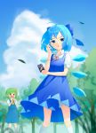  2girls :o ahoge angry arm_across_waist arms_up bloomers blue_dress blue_eyes blue_hair blue_sky blue_vest blurry blurry_background blurry_foreground candy cigarette_candy cirno clenched_hands cloud commentary_request cravat daiyousei day dress elbow_rest fairy_wings feet_out_of_frame food grass green_hair hair_ribbon highres holding_candy kanpa_(campagne_9) kneehighs leaf looking_at_another looking_at_viewer multiple_girls one_side_up open_mouth orion_cocoa_cigarettes outdoors pinafore_dress puffy_short_sleeves puffy_sleeves red_neckwear ribbon shirt short_hair short_sleeves sky standing touhou tree underwear vest white_legwear white_shirt wind wind_lift wings yellow_neckwear 