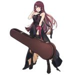  1girl alternate_costume arm_ribbon black_dress black_footwear black_gloves black_legwear blush breasts cello_case choker dress duoyuanjun earrings full_body girls_frontline gloves hair_tucking half_gloves high_heels jewelry large_breasts long_hair looking_at_viewer official_art open_mouth pantyhose purple_hair red_eyes ribbon shoes sidelocks single_glove solo transparent_background very_long_hair wa2000_(girls_frontline) 