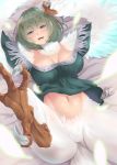  1girl :d ass_visible_through_thighs bangs bed_sheet bird_legs blue_eyes blurry_foreground blush breasts cleavage clip_studio_paint_(medium) commentary_request cowboy_shot dutch_angle eyebrows_visible_through_hair feather_collar feathered_wings feathers fringe_trim green_eyes green_hair green_shirt groin hair_between_eyes hair_intakes harpy heterochromia highres idolmaster idolmaster_cinderella_girls kirisaki_byakko large_breasts leg_up looking_at_viewer lying mole mole_under_eye monster_girl monsterification navel on_back on_bed open_mouth shirt short_hair sidelocks signature smile solo stomach tail_feathers takagaki_kaede talons upper_teeth winged_arms wings 