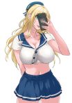  1girl alternate_costume atago_(kantai_collection) beret blonde_hair blue_headwear blue_sailor_collar blue_skirt breasts cellphone commentary_request cowboy_shot dated facing_viewer green_eyes hat highres holding holding_phone kantai_collection large_breasts long_hair looking_at_phone midriff phone pleated_skirt sailor_collar short_sleeves simple_background skirt solo sozan tongue tongue_out twitter_username white_background 