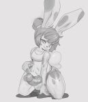  2020 anthro arm_support bottomwear clothing crop_top fur genitals girly grey_background hair hi_res humanoid_genitalia humanoid_penis kneeling lagomorph leporid looking_at_viewer male mammal midriff monochrome nails navel penis ponytail rabbit seyferwolf sharp_nails shirt shorts shorts_pull signature simple_background smile smirk smokey_(nut_buddy) solo spots spotted_body spotted_fur thick_thighs topwear vein 