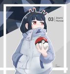  1girl :&lt; bangs black_hair black_hairband blunt_bangs character_name closed_mouth commentary english_commentary eyebrows_behind_hair hairband hand_in_pocket high_collar holding holding_poke_ball jacket jbene jitomi_monoe long_sleeves looking_away looking_to_the_side magnet outline poke_ball poke_ball_(generic) red_eyes signature solo sweat upper_body virtual_youtuber voms white_jacket white_outline zipper_pull_tab 