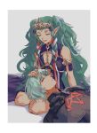  1boy 1girl armor braid byleth_(fire_emblem) byleth_(fire_emblem)_(male) closed_eyes fire_emblem fire_emblem:_three_houses green_hair hand_on_another&#039;s_head highres lap_pillow long_hair lying nnytnk106 on_back open_mouth pointy_ears ribbon_braid short_hair simple_background sitting sothis_(fire_emblem) tiara twin_braids 