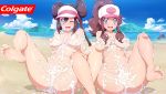  2girls :d ;d bangs barefoot baseball_cap beach blue-senpai blue_eyes breasts brown_hair cloud colgate commentary day double_bun feet hair_between_eyes hair_tie hat high_ponytail knees light_blush long_hair looking_at_viewer mei_(pokemon) multiple_girls ocean one_eye_closed open_mouth outdoors poke_ball_print pokemon pokemon_(game) pokemon_bw pokemon_bw2 ponytail sand shiny shiny_hair shiny_skin sidelocks sky smile soles spread_legs suggestive_fluid teeth tied_hair toes toothpaste touko_(pokemon) twintails two-tone_headwear visor_cap water 