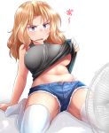  1girl arm_support black_shirt blonde_hair blue_eyes blue_shorts blurry blurry_foreground breasts cutoffs denim denim_shorts depth_of_field electric_fan frown girls_und_panzer hair_intakes half-closed_eyes highres kay_(girls_und_panzer) kitayama_miuki large_breasts leaning_back long_hair micro_shorts motion_lines navel no_bra open_mouth saunders_military_uniform shadow shirt shorts sitting solo sweat tank_top thighhighs translated underboob v-shaped_eyebrows wariza white_background white_legwear 