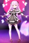  1girl alternate_hair_color alternate_hairstyle fang full_body full_moon gothic_lolita hair_ornament highres hololive lolita_fashion long_hair looking_at_viewer moon open_mouth outstretched_arms pink_hair red_eyes red_moon solo spread_arms standing uruha_rushia virtual_youtuber yuano 