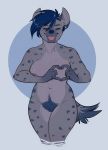  &lt;3 2018 anthro areola black_nose blue_hair blue_pubes blue_spots breasts cain_(veltis) countershade_torso countershading dipstick_tail ear_piercing ears_up eyes_closed fangs female fur gauged_ear gesture gloves_(marking) grey_body grey_fur hair hand_heart hi_res hyaenid inner_ear_fluff mammal markings medium_breasts multicolored_tail navel nipples nude piercing pink_tongue portrait pubes short_hair simple_background slightly_chubby smile solo spots spotted_hyena thick_thighs three-quarter_portrait tongue tongue_out tuft veltis 
