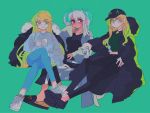  3girls alternate_costume anno88888 bangs black_coat black_footwear black_pants blonde_hair blue_eyes blue_pants blue_sweater breasts closed_mouth coat crossed_legs cup dark_skin disposable_cup green_background green_sweater grey_coat grin highres holding holding_cup hood hood_down iowa_(kantai_collection) kantai_collection long_hair long_sleeves multiple_girls musashi_(kantai_collection) nelson_(kantai_collection) open_clothes open_mouth pants red_eyes ribbed_sweater shoes sidelocks simple_background sitting smile sneakers star-shaped_pupils star_(symbol) sweater symbol-shaped_pupils twintails white_hair 