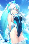 1girl aqua_eyes aqua_hair bare_shoulders blue_jacket blue_nails blue_swimsuit blue_theme bottle breasts competition_swimsuit covered_navel cowboy_shot eureka_iris groin hair_ornament hand_up highleg highleg_swimsuit highres holding jacket kagachi_saku large_breasts liver_city long_hair looking_at_viewer multicolored_hair nail_polish off_shoulder official_art one-piece_swimsuit open_clothes open_jacket outdoors parted_lips ponytail sidelocks sky smile solo standing swimsuit thighs two-tone_hair very_long_hair water wet white_hair 