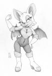  2020 anthro big_breasts biped breasts camel_toe chiropteran cleavage clothed clothing ecmajor female fur hi_res mammal membrane_(anatomy) membranous_wings monochrome rouge_the_bat simple_background solo sonic_the_hedgehog_(series) video_games white_background wings zipper 
