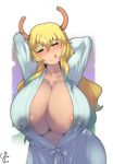  animal_humanoid areola areola_slip bathrobe bedroom_eyes big_breasts blonde_hair blush bodily_fluids breasts cleavage clothed clothing coffeeslice curvy_figure dragon dragon_humanoid female glistening glistening_body glistening_breasts glistening_skin green_eyes hair hands_behind_head heterochromia hi_res horn horned_humanoid huge_breasts humanoid lactating lactating_through_clothing licking licking_lips light_skin long_hair looking_at_viewer midriff milk miss_kobayashi&#039;s_dragon_maid multicolored_hair narrowed_eyes navel nipple_outline pose purple_eyes quetzalcoatl_(dragon_maid) robe seductive slightly_chubby smile solo standing tongue tongue_out two_tone_hair voluptuous wet wet_clothing wide_hips 