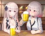  2girls alcohol bar beer beer_mug blush breasts choker cleavage cup gentiane_(girls_frontline) girls_frontline grey_hair hair_ribbon highres iron_cross kar98k_(girls_frontline) large_breasts long_hair mug multicolored_hair multiple_girls necktie pink_hair ribbon rynzfrancis short_hair sleeveless suspenders two-tone_hair 