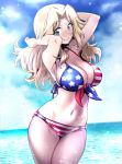 1girl american_flag_bikini arms_behind_head bikini blonde_hair blue_eyes blue_sky breasts cleavage cloud commentary_request day flag_print front-tie_top girls_und_panzer hair_intakes highres horizon kay_(girls_und_panzer) large_breasts long_hair nakahira_guy navel ocean outdoors sky smile solo swimsuit 