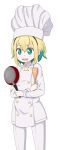  1girl :d amano_pikamee black_hairband blonde_hair chef_hat crossed_arms frying_pan green_eyes green_hair hairband hat highres holding jacket lagunazero long_sleeves looking_away multicolored_hair open_mouth pants sharp_teeth short_hair signature simple_background smile solo spatula standing teeth tomoe_(amano_pikamee) two-tone_hair virtual_youtuber voms white_background white_headwear white_jacket white_pants 