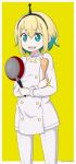  1girl :d amano_pikamee black_hairband blonde_hair commentary crossed_arms english_commentary frying_pan green_eyes green_hair hairband highres holding jacket lagunazero long_sleeves looking_away multicolored_hair open_mouth pants sharp_teeth short_hair signature smile solo spatula standing teeth tomoe_(amano_pikamee) two-tone_background two-tone_hair virtual_youtuber voms white_background white_jacket white_pants yellow_background 