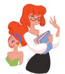  anthro ayshiun breasts canid canine canis cleavage clothed clothing disney domestic_dog ear_piercing ear_ring eyes_closed eyeshadow eyewear female glasses goof_troop green_eyes hair librarian makeup mammal piercing red_hair ring solo sylvia_marpole 