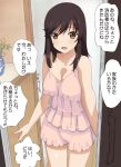  1girl a1 babydoll bangs bare_shoulders blush breasts brown_eyes brown_hair cleavage commentary_request door ichijou_hotaru indoors long_hair looking_at_viewer medium_breasts non_non_biyori pajamas shiny shiny_hair shiny_skin smile solo standing swept_bangs translation_request 