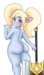  big_breasts big_butt blonde_hair blue_body blue_skin blush breasts butt cucarachaaa female hair hi_res league_of_legends melee_weapon not_furry poppy_(lol) purple_eyes riot_games solo video_games weapon yordle 