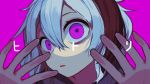  1girl against_fourth_wall empty_eyes flower_(vocaloid) foreshortening hands_up highres multicolored_hair parted_lips portrait purple_background purple_eyes shitoo song_name streaked_hair translated v_flower_(vocaloid4) vocaloid white_hair wide-eyed 