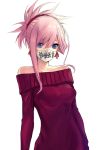  1girl applekun bangs bare_shoulders blue_eyes breasts earrings facial_mask fate/grand_order fate_(series) hair_ornament jewelry large_breasts long_hair looking_at_viewer mask miyamoto_musashi_(fate/grand_order) mouth_mask off-shoulder_sweater off_shoulder pink_hair ponytail red_sweater simple_background smile sweater swept_bangs translation_request white_background 