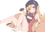  1girl araragi_koyomi bakemonogatari bandaid bandaid_on_pussy bare_shoulders barefoot black_headwear blonde_hair character_doll closed_mouth doughnut dress feet_out_of_frame food gamuo goggles goggles_on_headwear helmet holding holding_food legs long_hair looking_at_viewer monogatari_(series) off-shoulder_dress off_shoulder oshino_shinobu pillow red_dress simple_background sitting smile solo white_background yellow_eyes 