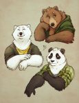  2020 5_fingers black_body black_fur blep brown_body brown_fur digital_media_(artwork) fingers fur giant_panda green_eyes mammal polar_bear tasanko tongue tongue_out ursid ursine white_body white_fur 