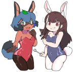  2girls absurdres animal_ear_fluff animal_ears ass bare_shoulders black_legwear blue_eyes blue_hair blue_leotard brand_new_animal breasts brown_eyes brown_hair bunny_ears bunny_girl bunny_tail bunnysuit cleavage clenched_hands covered_navel crossover fang flying_sweatdrops furry hand_on_own_chest highres kagari_atsuko kagemori_michiru leaf leaf_on_head leotard little_witch_academia long_hair menthak0 multiple_girls open_mouth pantyhose raccoon_tail red_leotard short_hair simple_background small_breasts smile strapless strapless_leotard tail tears thighs wand white_background 