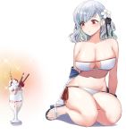  1girl bangs bare_shoulders bikini breasts cleavage cleavage_cutout commentary dessert eyebrows_visible_through_hair flower food girls_frontline hair_flower hair_ornament hair_ribbon hyury ice_cream large_breasts looking_to_the_side off_shoulder orange_background parfait red_eyes ribbon side-tie_bikini silver_hair simple_background sitting slippers spas-12_(girls_frontline) strapless strapless_bikini sundae swimsuit thighs two-tone_background white_background white_bikini 