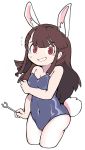  1girl absurdres animal_ear_fluff animal_ears ass bare_shoulders blue_leotard breasts brown_eyes brown_hair bunny_ears bunny_tail chinese_commentary cleavage commentary_request covered_navel flying_sweatdrops highres kagari_atsuko leotard little_witch_academia long_hair menthak0 open_mouth simple_background small_breasts smile solo strapless strapless_leotard tail tears thighs wand white_background 