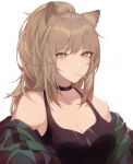  1girl absurdres alternate_costume animal_ears arknights bangs bare_shoulders black_choker black_tank_top breasts brown_eyes brown_hair choker cleavage commentary green_jacket highres jacket large_breasts lion_ears long_hair looking_at_viewer mouth_hold off_shoulder saibe siege_(arknights) simple_background solo tank_top upper_body white_background 