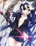  1girl :d ahoge arm_up bangs black_dress blue_jacket breasts cleavage collarbone commentary_request cowboy_shot dress fate/grand_order fate_(series) fur-trimmed_sleeves fur_trim gauntlets glint grin headpiece highres holding holding_sword holding_weapon jacket jeanne_d&#039;arc_(alter)_(fate) jeanne_d&#039;arc_(fate)_(all) jewelry lens_flare long_sleeves looking_at_viewer medium_breasts necklace open_clothes open_jacket open_mouth short_dress short_hair silver_hair single_gauntlet smile solo sword teeth thigh_gap torn_clothes torn_sleeves weapon yellow_eyes yoshida_takuma 