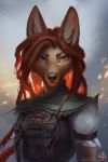 2:3 alectorfencer anthro brown_hair canid canine canis clothed clothing coyote female fur green_eyes hair hi_res looking_at_viewer mammal solo tan_body tan_fur text url 